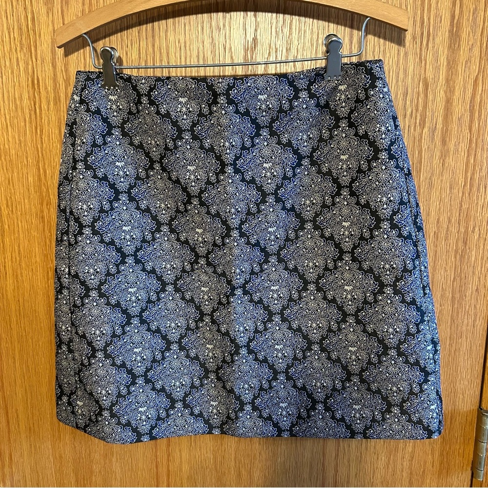 Ann Taylor LOFT 4 Black Blue‎ Jacquard Damask Skirt Lined Office Working girl
